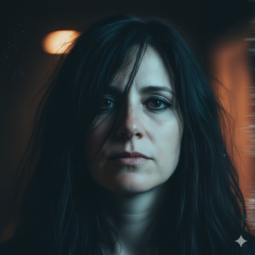 A close-up of a woman with long, dark hair and a serious expression, set against a dark background with yellow lighting.